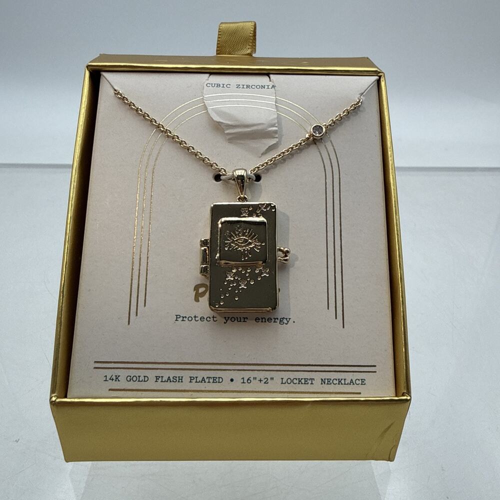 14k Gold, Flash Plated Necklace LA Rocks Cubic Zirconia, Protect Locket Necklace